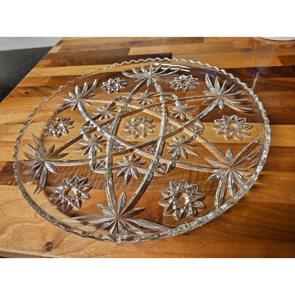 Vintage EAPC Anchor Hocking Star Burst Pressed Glass Platter 13.5" Round EUC